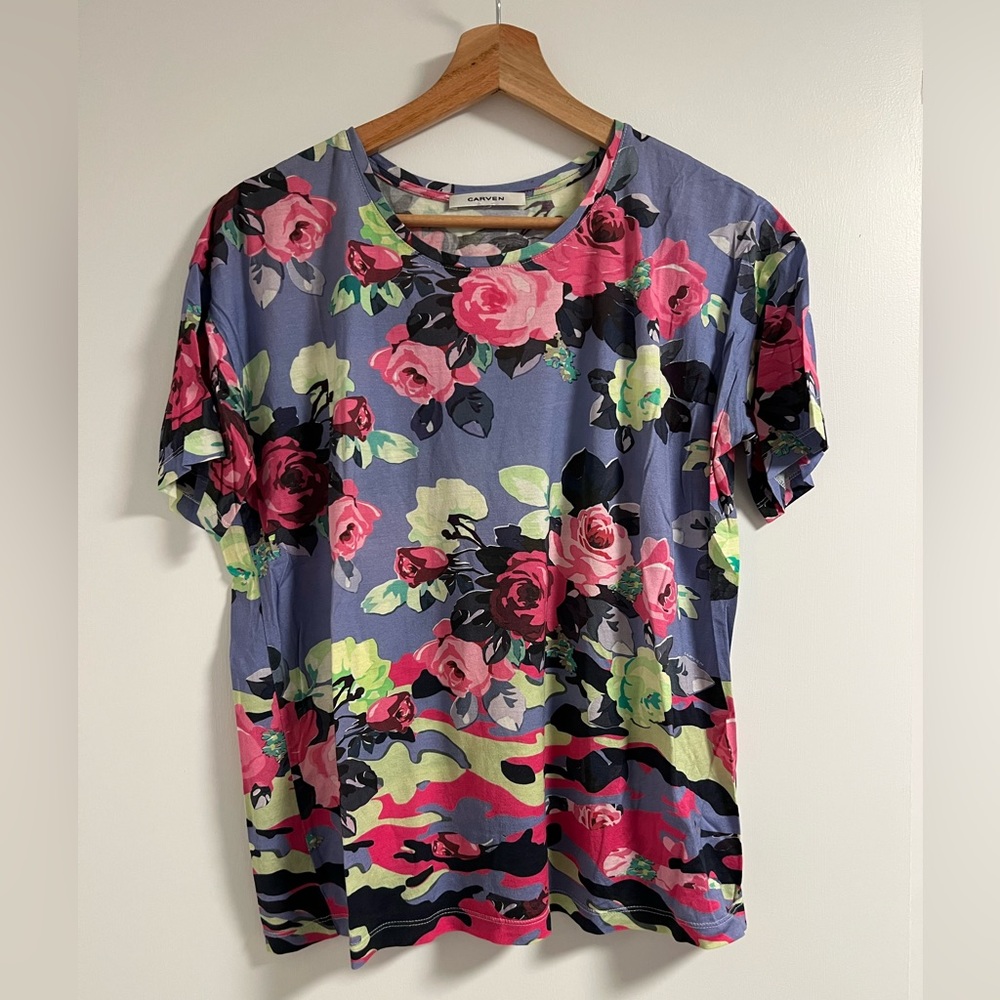 Carven Multicolor Floral Short Sleeve Tee — Lavender, Pink, Black, Lime